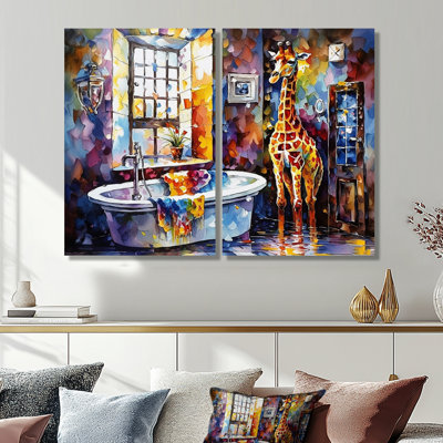 Girafe colorée dans la salle de bain - Grande décoration murale 2 pièces