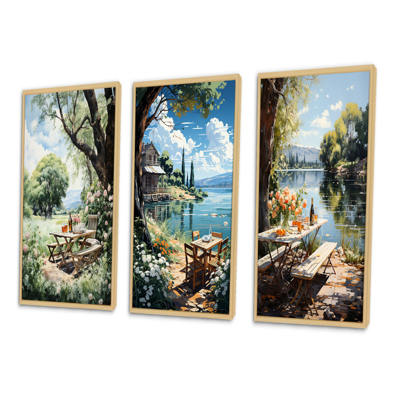 «Food Picnics Tranquil Retreat», ensemble de 3 pièces sur toile, Encadré naturel, H 28 po x l 36 po