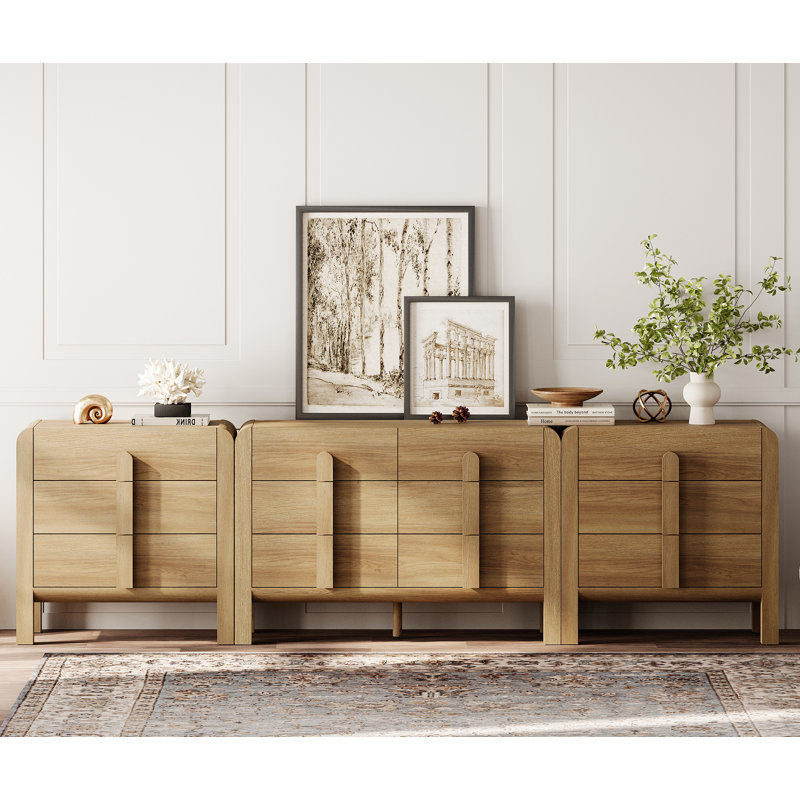 3-Piece Long Dresser Set For Bedroom, 110.2" Large Mid-Century Modern Dresser For Closet, Curved Profile Wooden Chest Of Drawers For Bedroom,Living Room