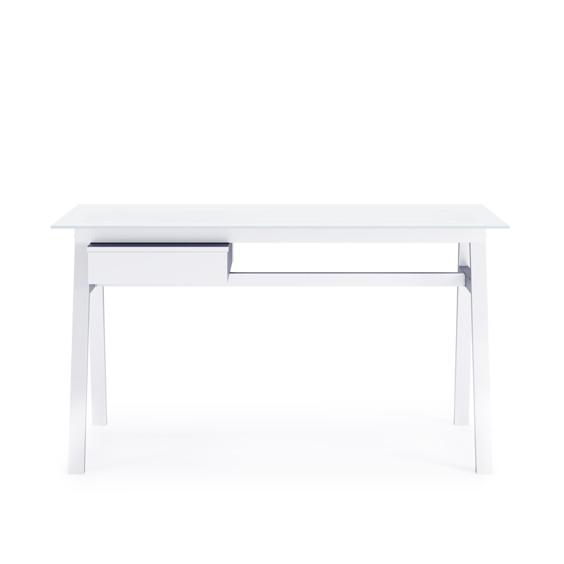 Birl Glass Top Metal Base Writing Desk, White