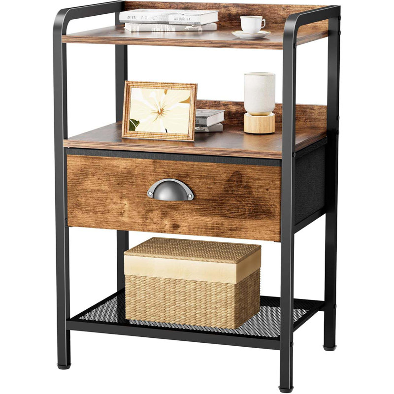 Nightstand Bedside Table With Drawer, Side Tables With Mesh Shelf, Bedroom Night Stand, End Tables With Raised Edges, Open Shelf, Metal Frame, Fabric Drawers Storage