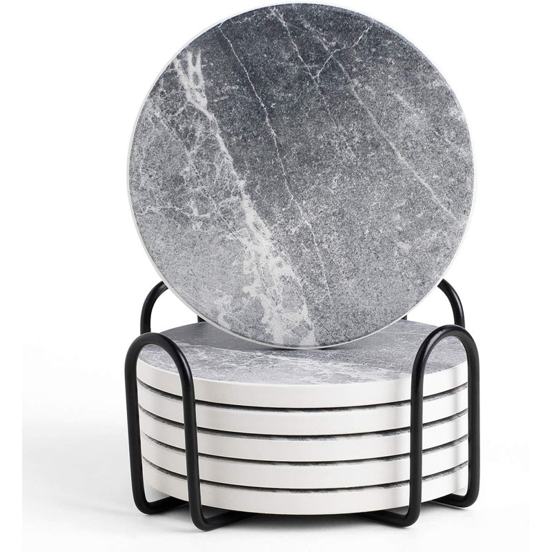 Round 6 Piece Coaster Set With Holder