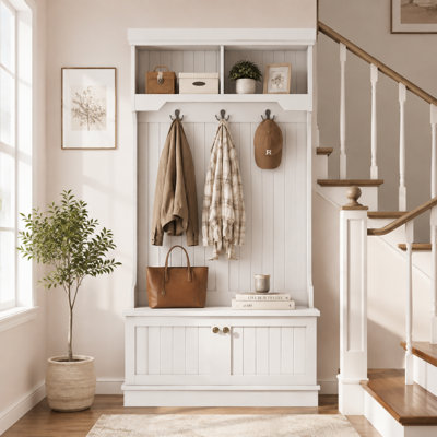 Hall Tree with Shoe Bench & Storage Cabinet, Modern Entryway 4‑in‑1 Coat Rack with Hooks and Display Shelves