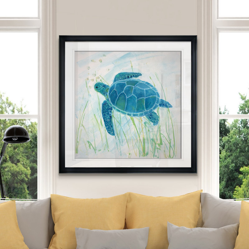 « récif tortue ii », peinture, H 24 po x l 24 po x P 1,5 po, Cadre noir