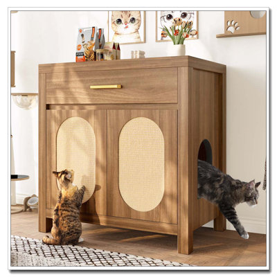 Hidden Cat Litter Box Furniture with Scratching Board Doors and Storage Drawer