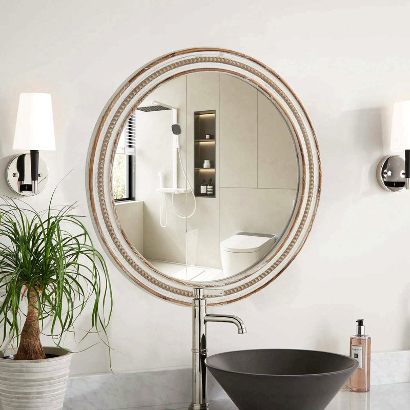 Miroirs décoratifs ronds en bois pour la décoration murale, miroir rustique circulaire pour chambre à coucher, salle de bain, salon, miroir d'entrée pour la maison et le bureau avec perles