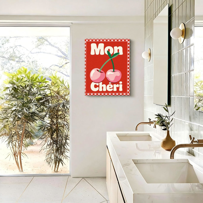 Décoration murale rétro rouge cerise mignonne, art français mon cheri rose, affiche murale, 16 x 20