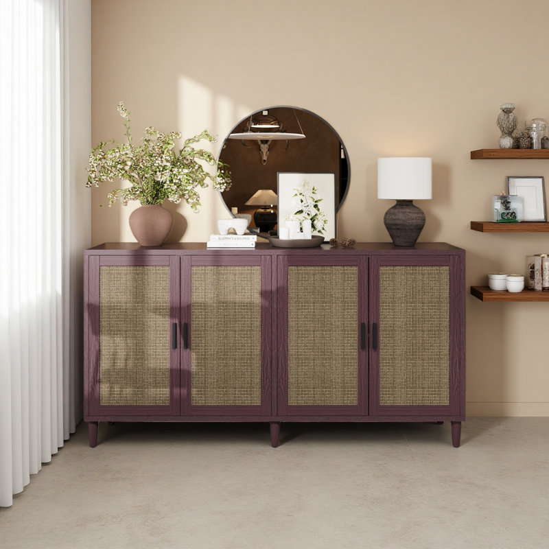 70" Rattan Buffet Cabinet With Storage, 4-Door Sideboard Buffet Cabinet With Adjustable Shelves For Kitchen, Living Room And Dining Room, Easy Assembly