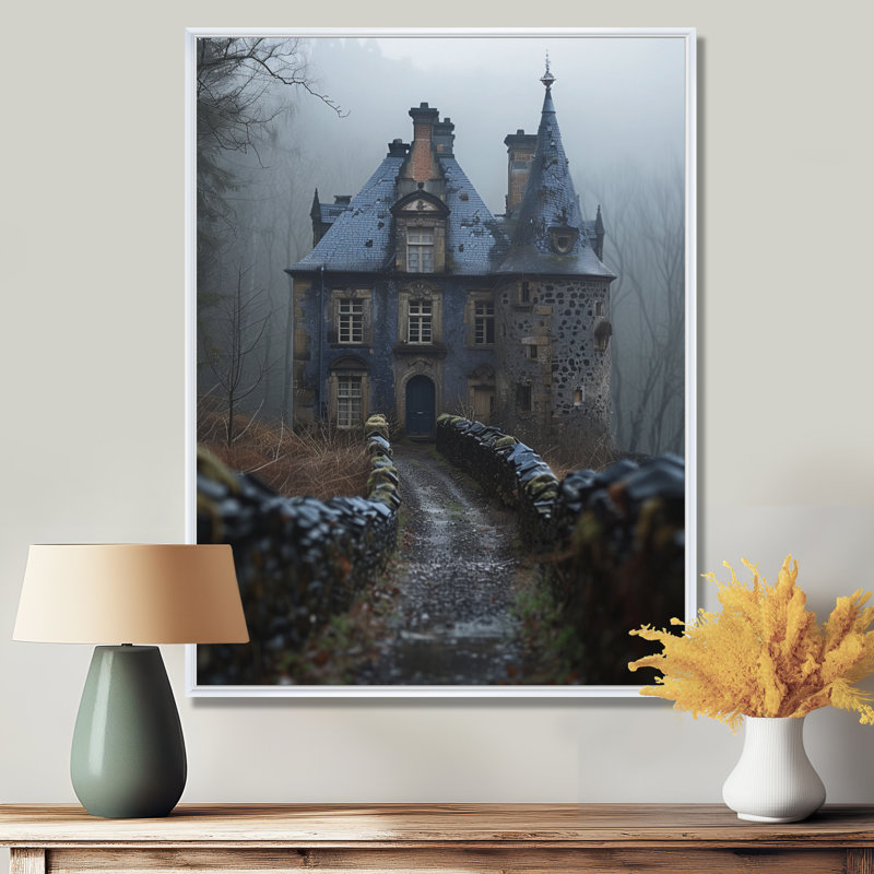 Gris gris clair de lune château brumeux matin - salon d'art mural Chateaus, Toile encadrée flottée blanche
