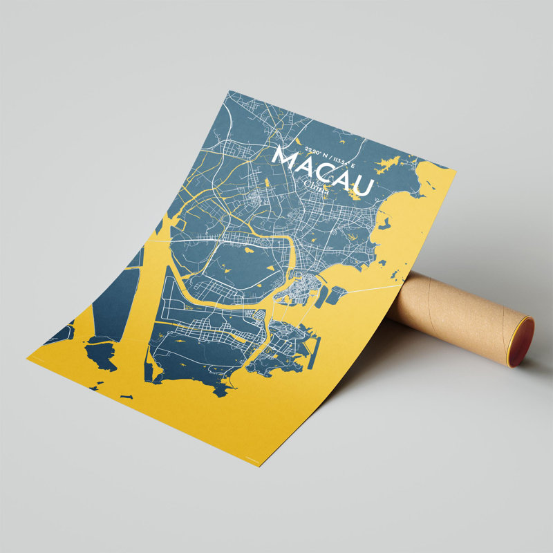 Macau, carte de la ville, impression, H 17 po x l 11 po, Bleu / Jaune