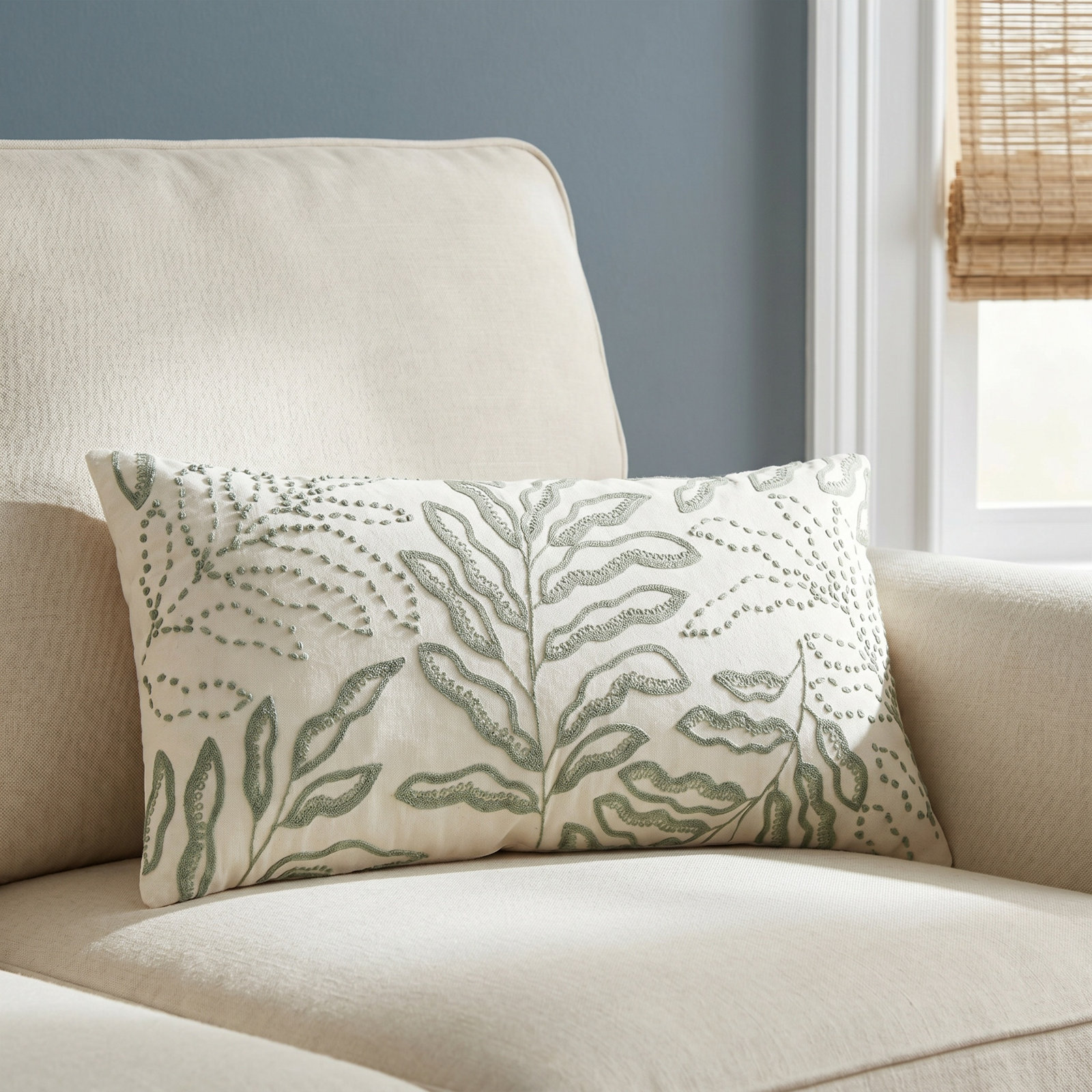 Elwin Embroidered Cotton Lumbar Throw Pillow, Ivory/Green