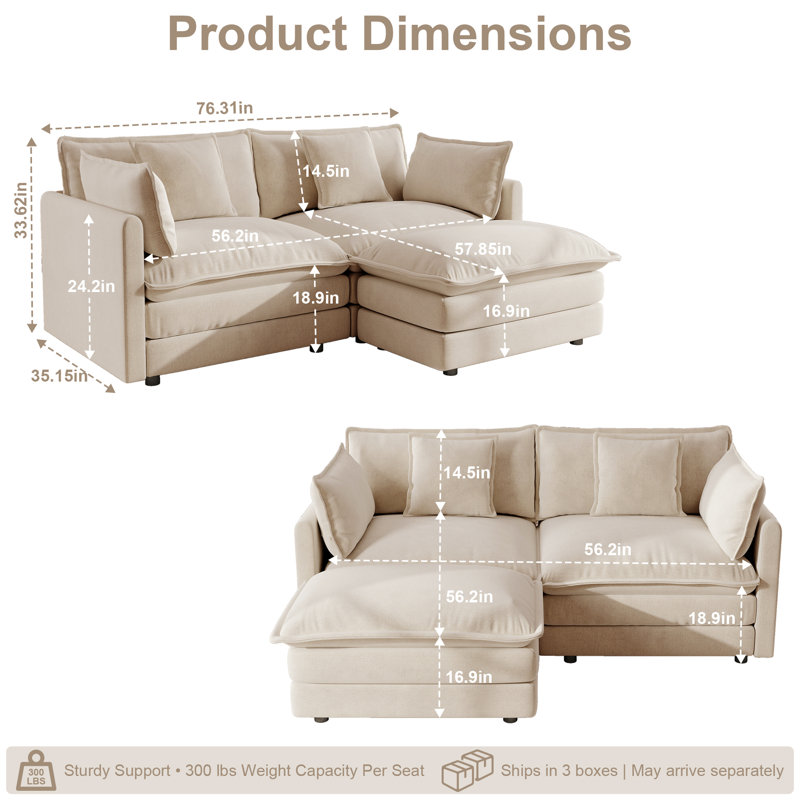 Canapé modulaire en L avec repose-pieds Chenille - causeuse modulaire pour petits salons, Beige