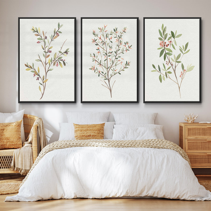 Ensemble de 3 pièces encadrées sur toile simple Sprig II, Noir, H 27 po x l 54 po