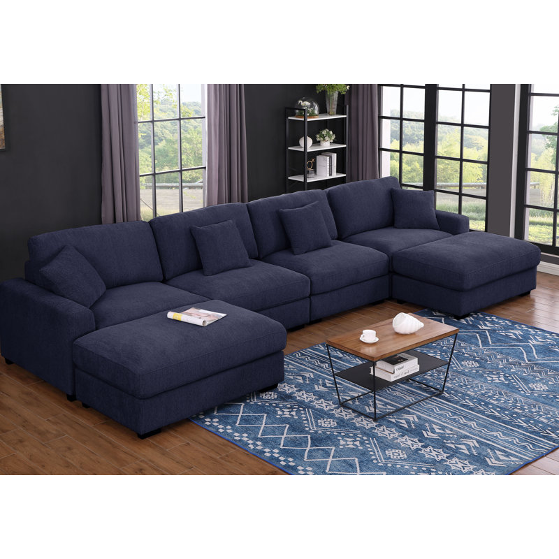 Canapé modulaire en forme de U 6 pièces de 168 po avec repose-pieds amovible, Chenille bleu foncé