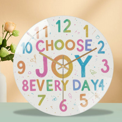 12-Inch Silent Tempered Glass Wall Clock, " Colorful Numbers Surrounding Choose Joy Everyday ” Silent Non-Ticking Clock, Battery Operated (AA Batteries Not Included), Artistic Home Decor