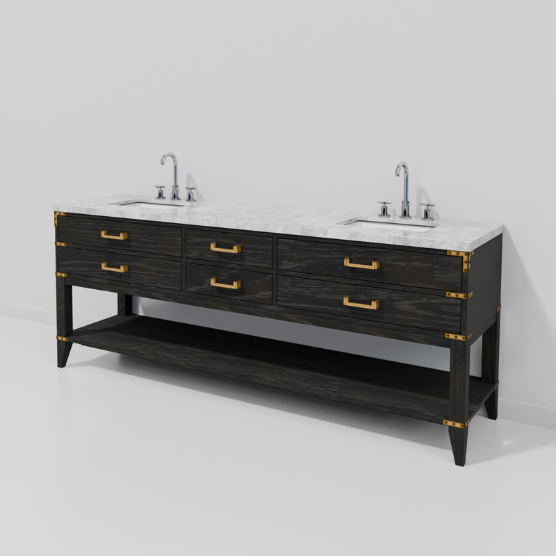 Ensemble de meuble-lavabo double 84 po, Chêne noir, Marbre de Carrare blanc