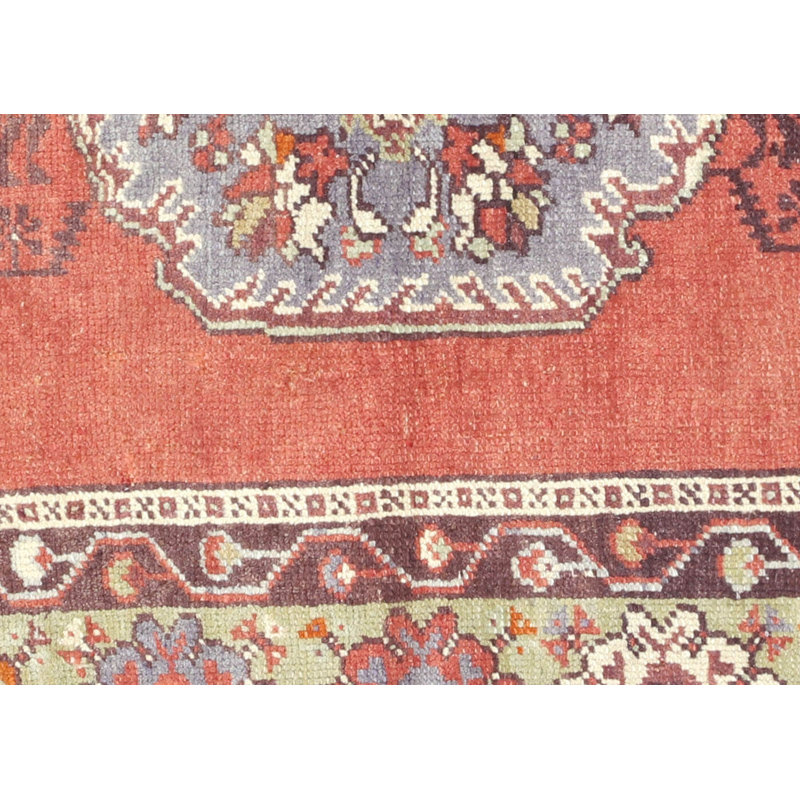 Tapis unique en laine noué à la main des années 1960 de 3 pi 2 po x 5 pi 7 po en rouge / brun / bleu / ivoire