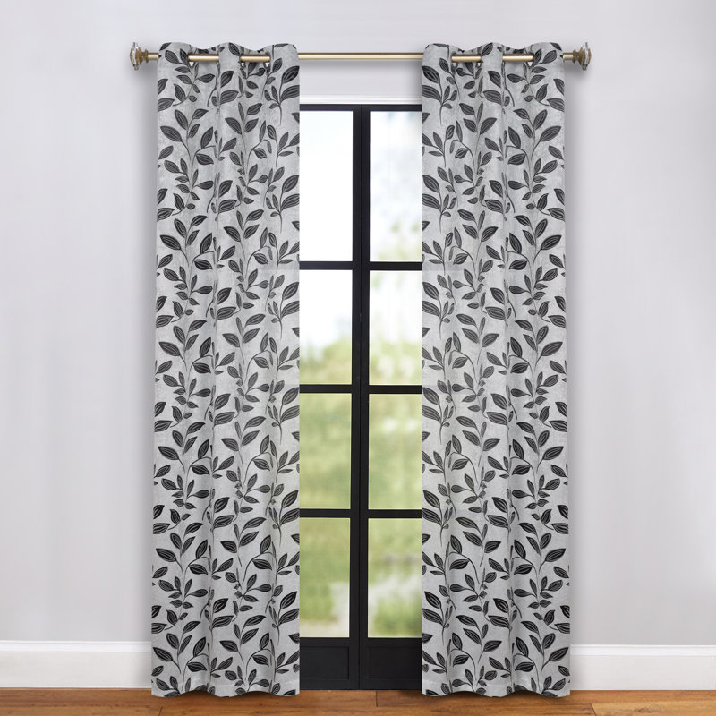 Finklea 100% Polyester Floral Room Darkening Grommet Curtain Panels, 42" W x 84" L, Silver/Black
