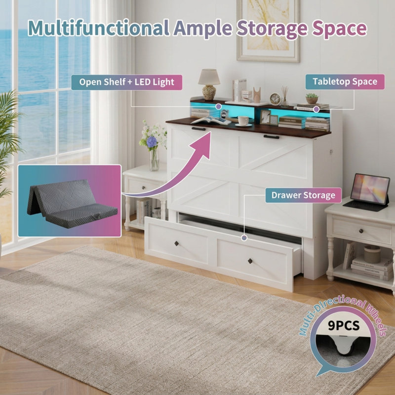 Grand lit escamotable avec matelas à trois volets 6 po, lumières à DEL RVB et station de charge USB-C