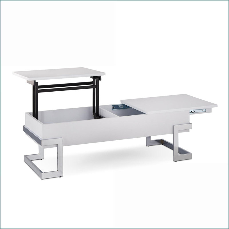 Table basse contemporaine blanche et chromée pour le salon avec rangement, conception peu encombrante, Blanc