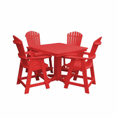  Poly Composite Thompson Adirondack 5-Piece Counter Height Dining Set with Square Table, Bright Red