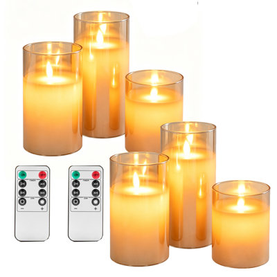 Ensemble de 6 bougies DEL à effet flamme réaliste avec minuterie à distance – Bougies piliers sans flamme en verre de 15 cm, 12,5 cm et 10 cm, fonctionnant sur piles, sans parfum