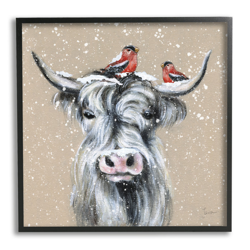 Peinture enneigée de bovins et d'oiseaux encadrés sur bois par Janet Tava, peinture, Giclée encadrée noir minuit