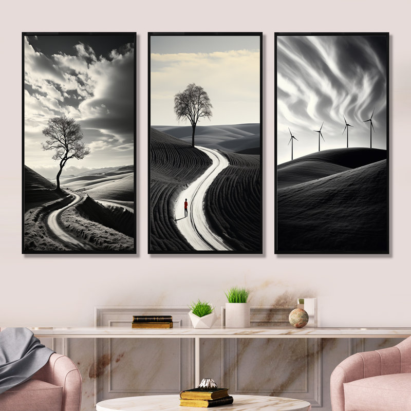 Route, noir et blanc, paysage d'imitation, ensemble de 3 impressions sur toile, Cadre flottant noir, H 40 po x l 60 po