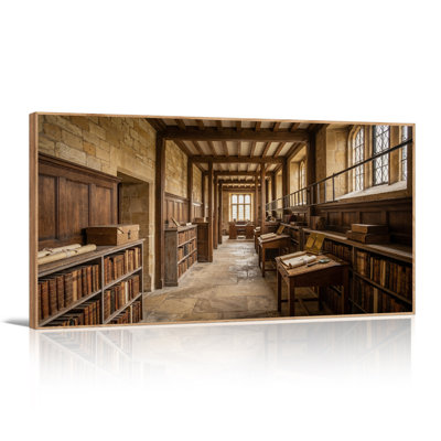 Sunlit Stone Library Hallway with Wooden Bookshelves Canvas Wall Art