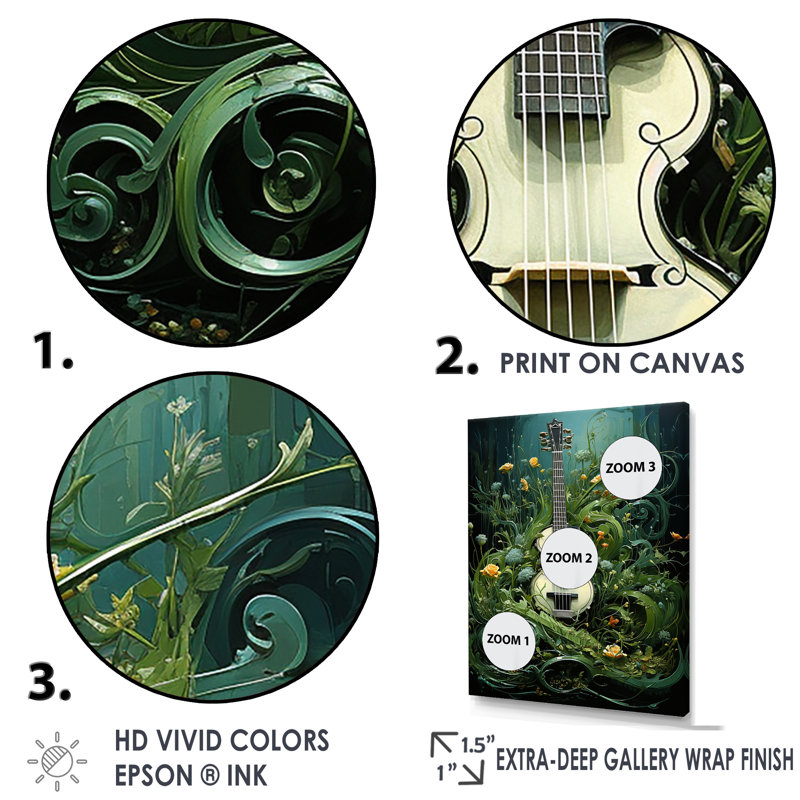 «Music Guitare Meadows Grass Green II» sur toile, H 32 po x l 16 po x P 1 po, Cadre flottant noir