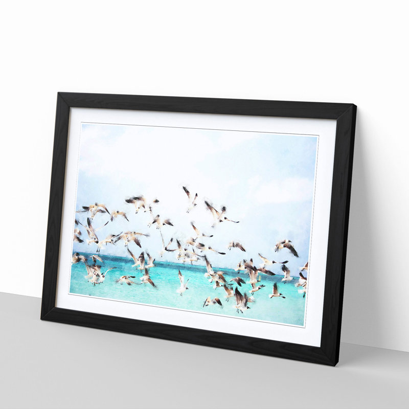 Flock Of Seagulls Over The Sea - Single Picture Frame Print on MDF, Black Framed, 62cm H x 87cm W x 2cm D