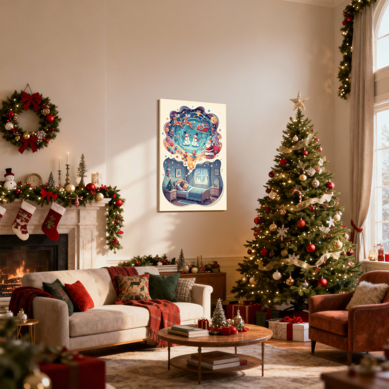 Ensemble de 3 reproductions d'art sur toile de Noël, chambre de rêve avec père Noël et renne, 18" H x 12" W