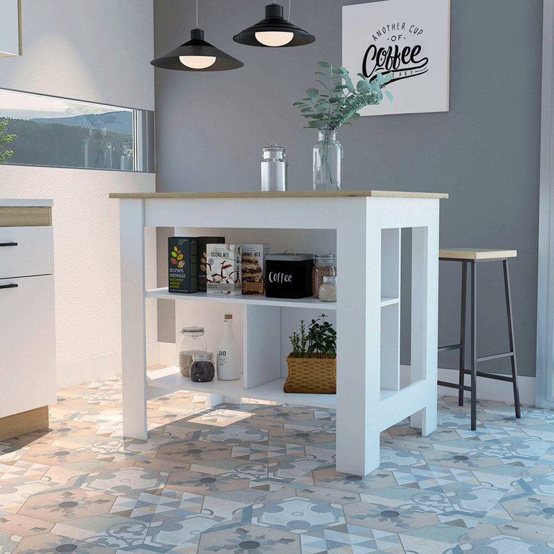 Cala 3-Shelf Wooden Kitchen Island, White/Oak