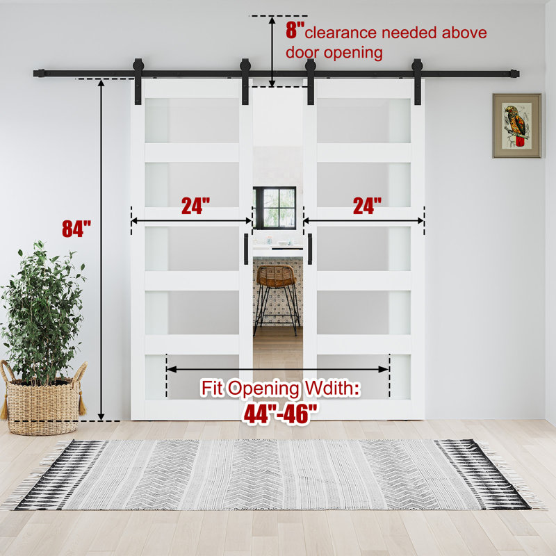 Glass Panelled Double Sliding Barn Door With Installation Hardware Kits, 48" x 84"