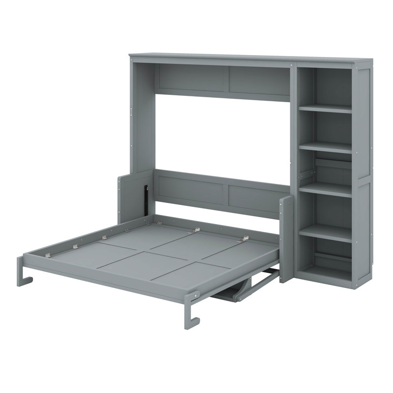 Grand lit escamotable avec bureau et bibliothèque, Gris, Grand lit
