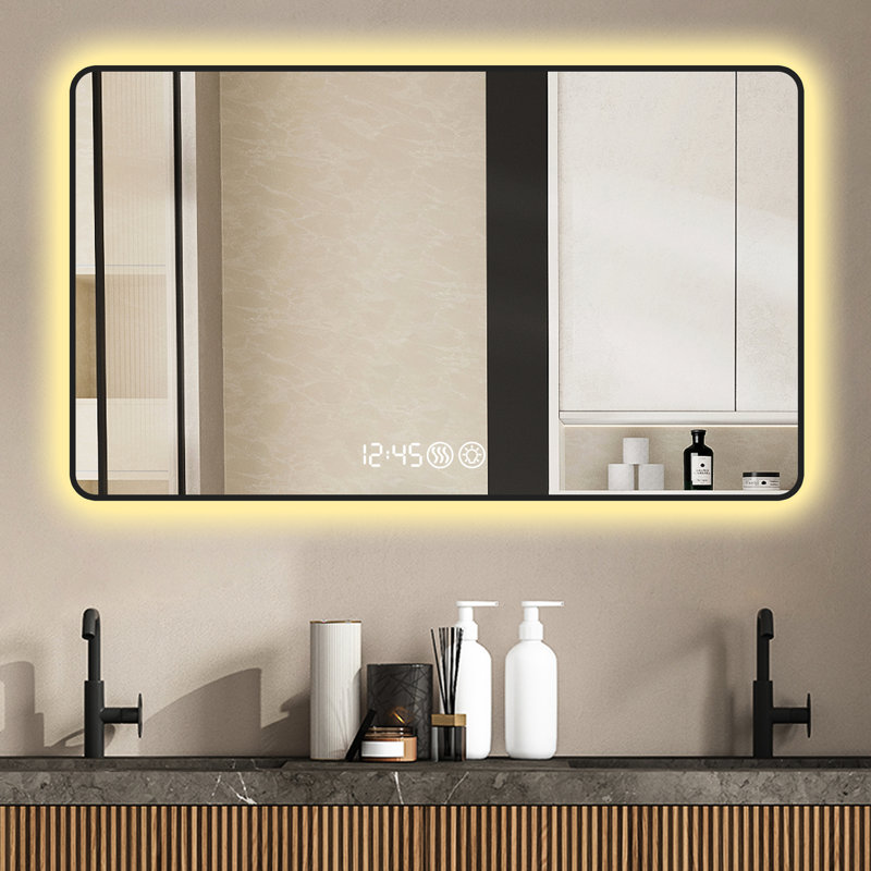 Miroir de salle de bain 48 x 32 avec cadre noir - Indication de la température, tricolore, désembuage, exposition murale de la salle de bain, réglages, durabilité