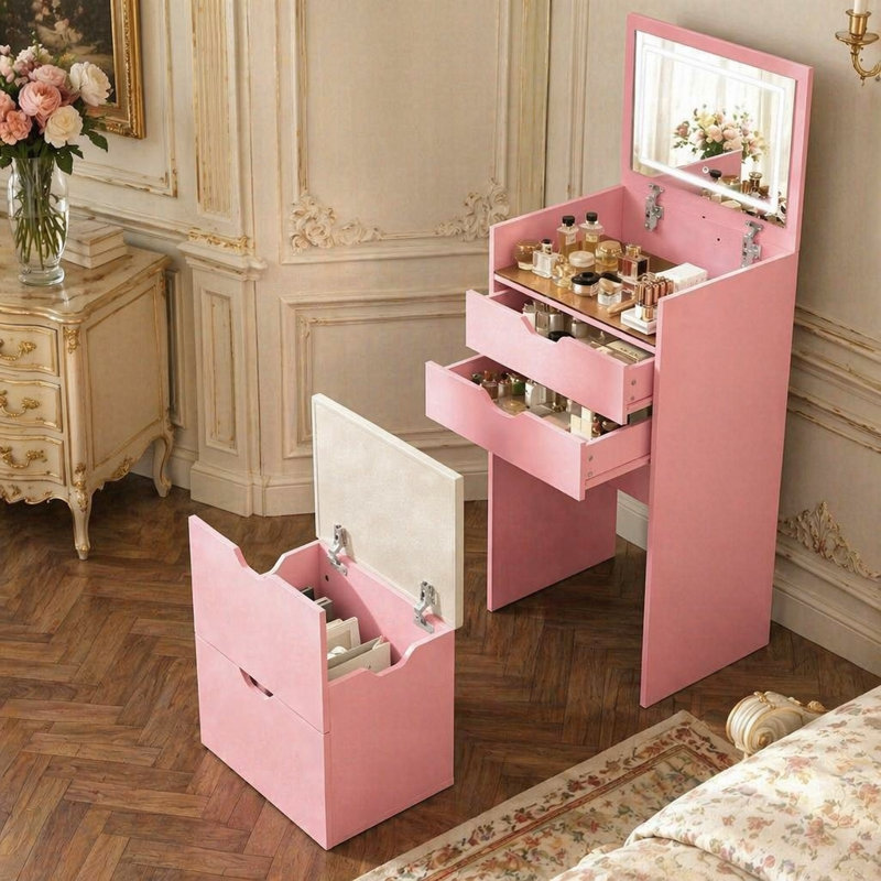 Coiffeuse et tabouret, ensemble de coiffeuse multifonctionnel 3-en-1, comprenant trois modes d'éclairage, miroir HD, deux tiroirs coulissants et tabouret de rangement caché