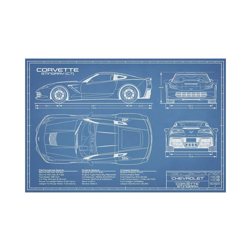 «Corvette (C7) Stingray Blueprint» par Action Blueprints, impression sur toile tendue, H 12 po x l 18 po x 1,5 po
