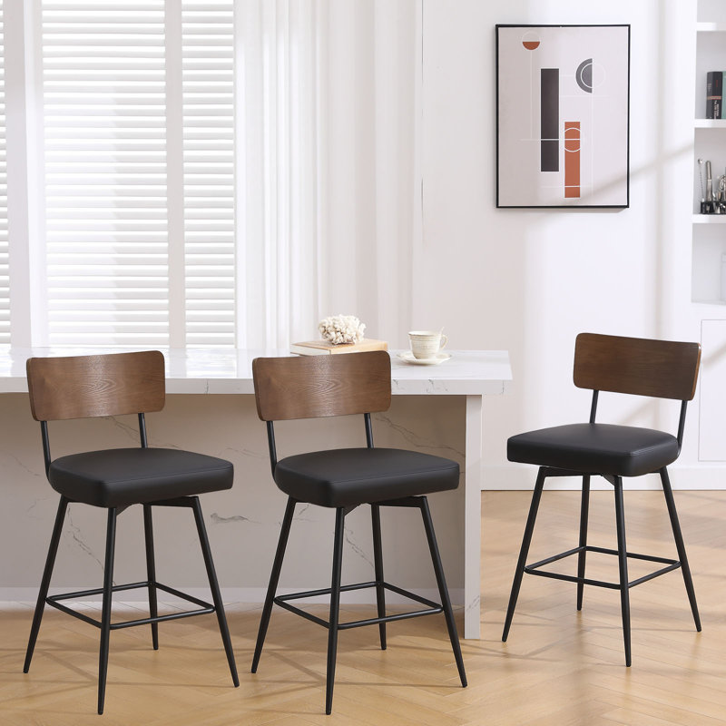 26" Mid-Century Modern Swivel Faux Leather Upholstered Wood Counter & Bar Stool, Black