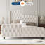 Structure de lit tapissier très grand en velours, tête de lit et pied de lit à oreilles de 51 po de hauteur avec capitonnage à boutons profonds, support en lattes de bois pouvant supporter 1000 lb, aucun sommier requis, assemblage facile, beige-809206539-809206543