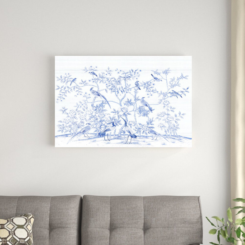 «Bird Party In Blue Porcelain» par Paul Montgomery - impression sur toile tendue, H 24 po x l 36 po