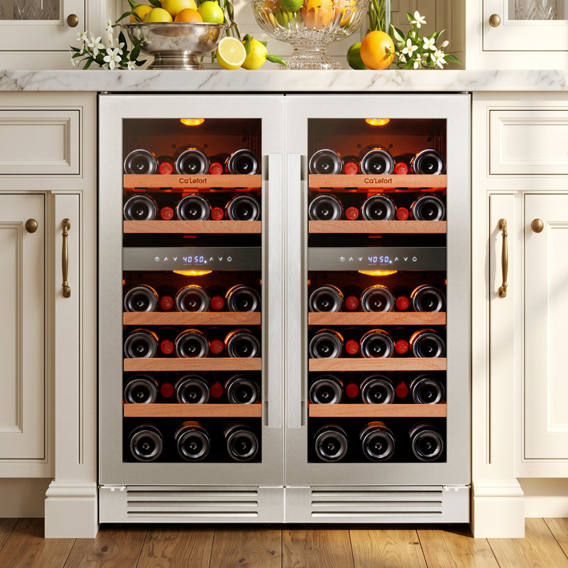 30" 56-bottle 4-zone Wine Cooler, Built-in & Freestanding, 6 Cu.ft. Wine Refrigerator With 40–65°f, Amber/blue/white Led, Uv-protected Double Glass, Hidden Hinges, Frost-free, Carbon Filter, Front Vent, Compressor & Fan Cooling Wine Fridge (2 units)
