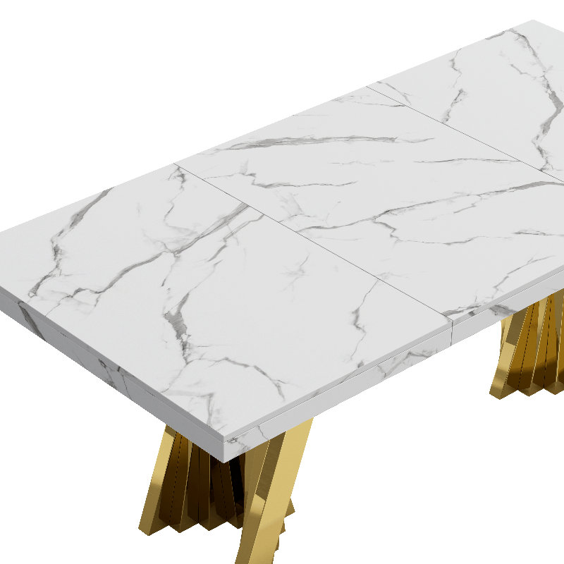 Modern Faux Marble Dining Table Set, Luxury 70.8" Dining Room Table with Velvet Upholstered Chairs, Luxurious Kitchen Table with Lightning Stainless Steel Pedestal, Rectangle Dining Table Set
