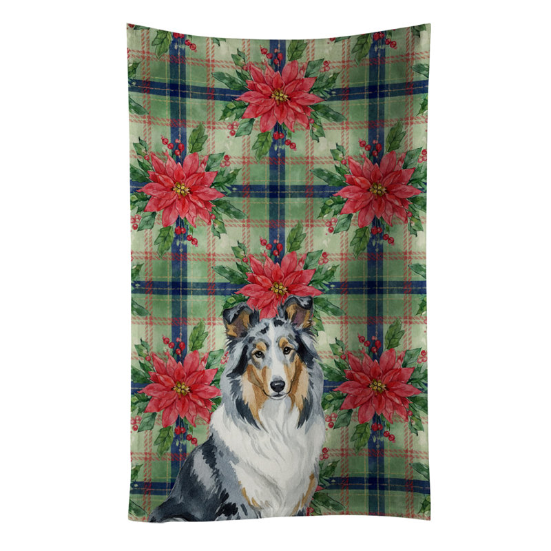 Blue Merle Collie Christmas PoinsettIas Kitchen Towel, Blue Merle Collie