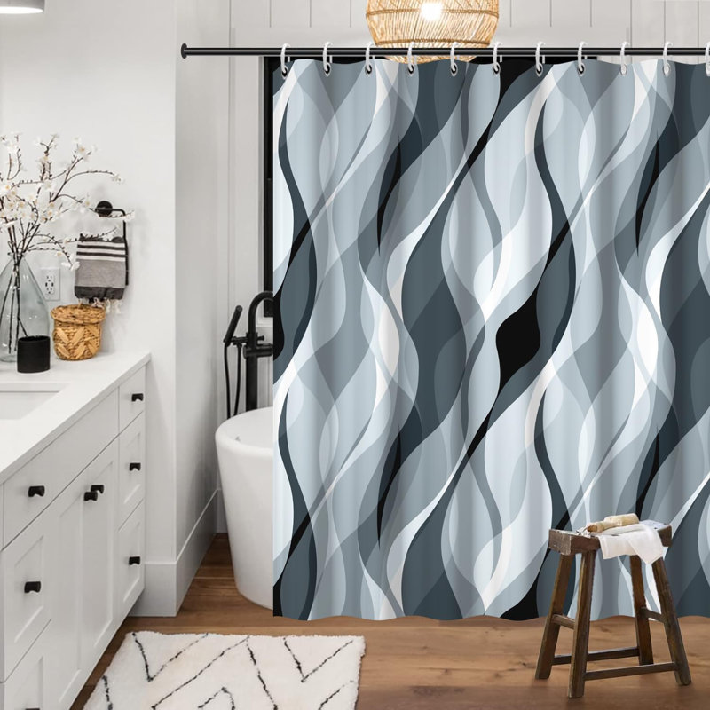 Pack of 1 Modern Abstract Striped Shower Curtain Set with Hooks, Blue, 182.88cm H x 91.44cm W