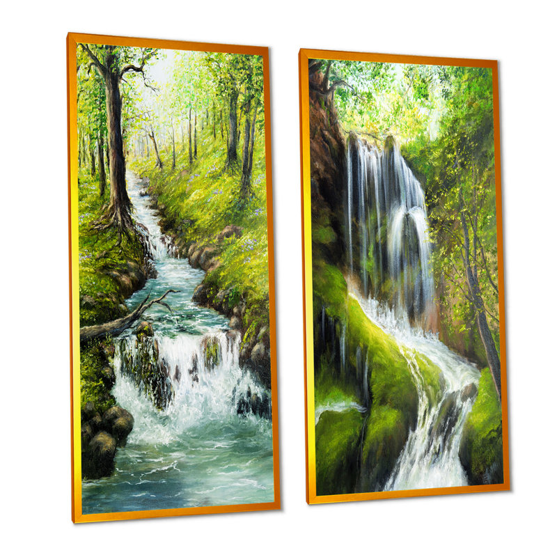 «Spring River Fall in Green Forest», ensemble de 2 peintures sur toiles, H 20 po x l 24 po x P 1 po, Cadre photo doré
