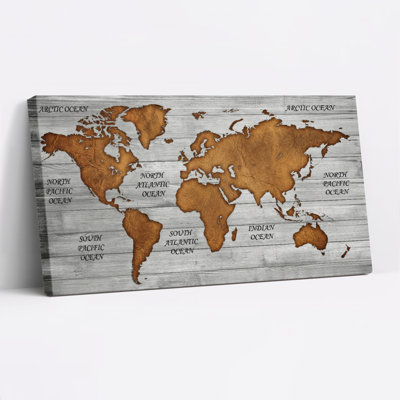 World Map Wood Grain Canvas Wrapped Wall Art Oil Painting Print (Set Of 1)