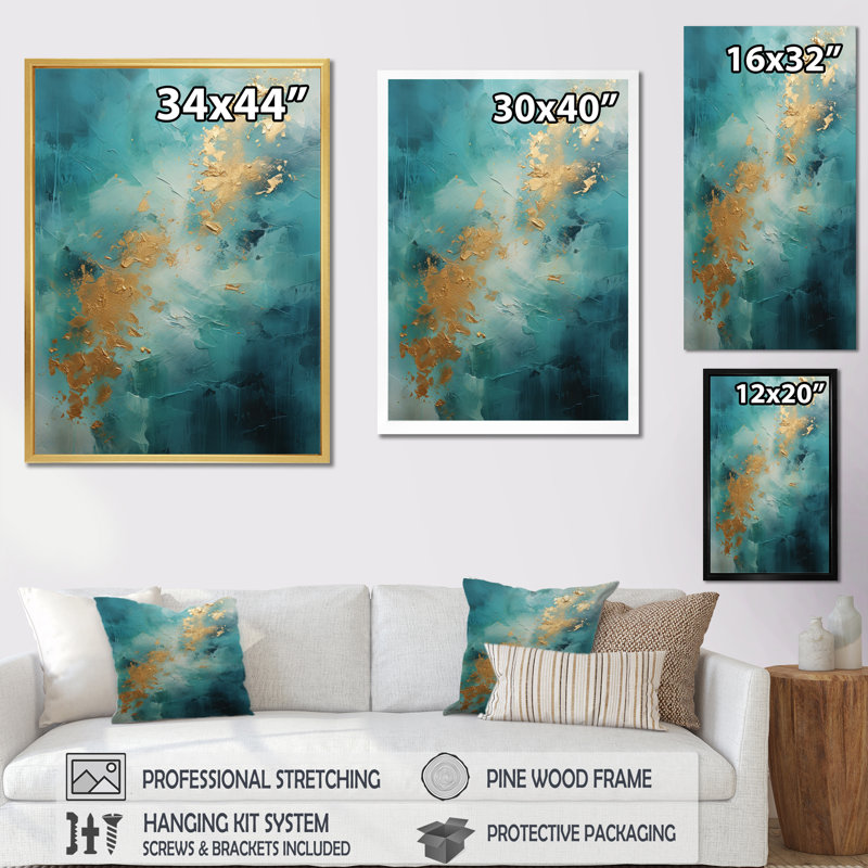 Jaalah " Turquoise Tranquility IV ", 32" H x 24" W x 1" D, Black Floater Framed