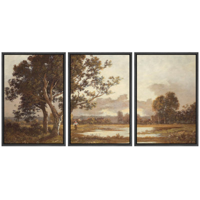 «Rurale, idylle, au bord du lac, arbres et paysage pastoral, Illustration de la nature, décor», 3 pièces sur toile