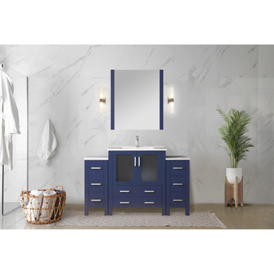 Navy Blue 54 In. Single Bath Vanity Featuring Side Cabinets, White Ceramic Top, Faucet And 28 Mirror - Countertop To Scratches, W With Scratch Countertop, Hole